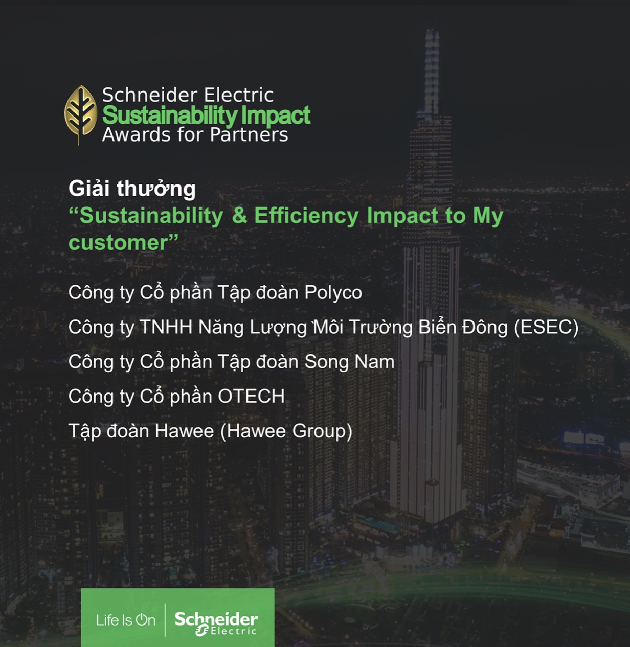 Schneider Electric vừa vinh danh 11 đối tác nỗ lực theo đuổi quá trình điện hóa khử carbon tại Giải thưởng Phát triển bền vững Sustainability Impact Awards.