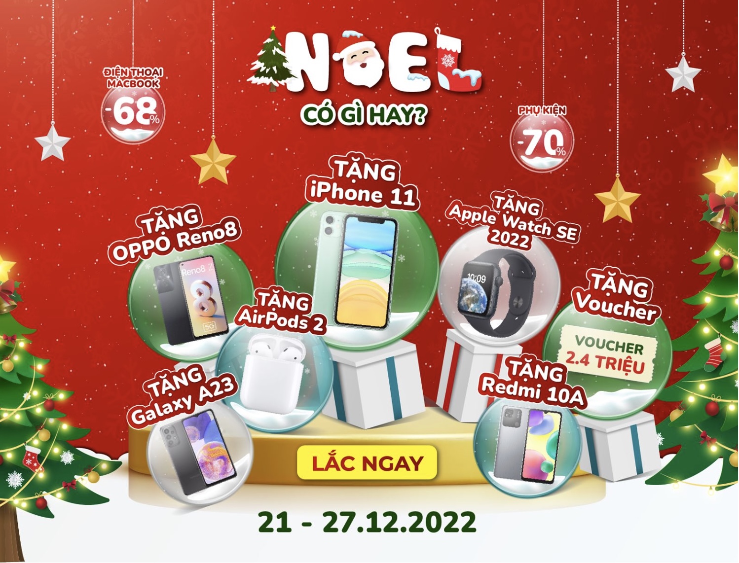 Từ ngày 21-27/12/2022, 24hStore - hệ thống bán lẻ ủy quyền của Apple “chơi lớn” giảm giá hàng loạt sản phẩm đến 70% kèm chương trình “lắc là có quà” với 100% cơ hội trúng iPhone 11, Oppo Reno8, Galaxy A23, voucher mua hàng…
