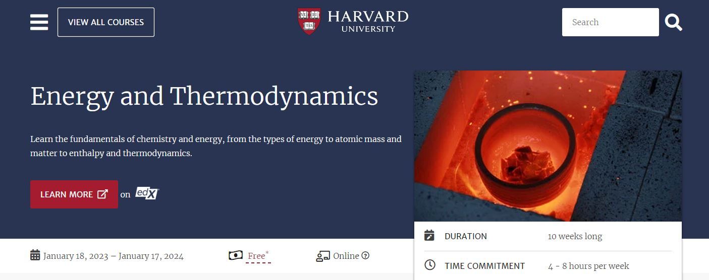 Ảnh chụp màn hình khóa học Năng lượng Tự do và Nhiệt động lực học của Harvard