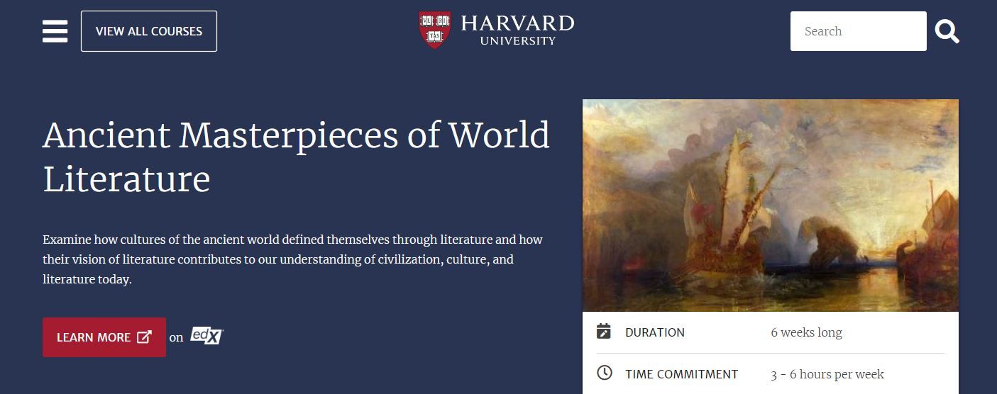 Ảnh chụp màn hình khóa học miễn phí của Harvard về Những kiệt tác văn học cổ đại của thế giới