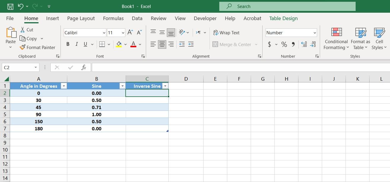 Góc và giá trị sin của chúng trong bảng tính Excel