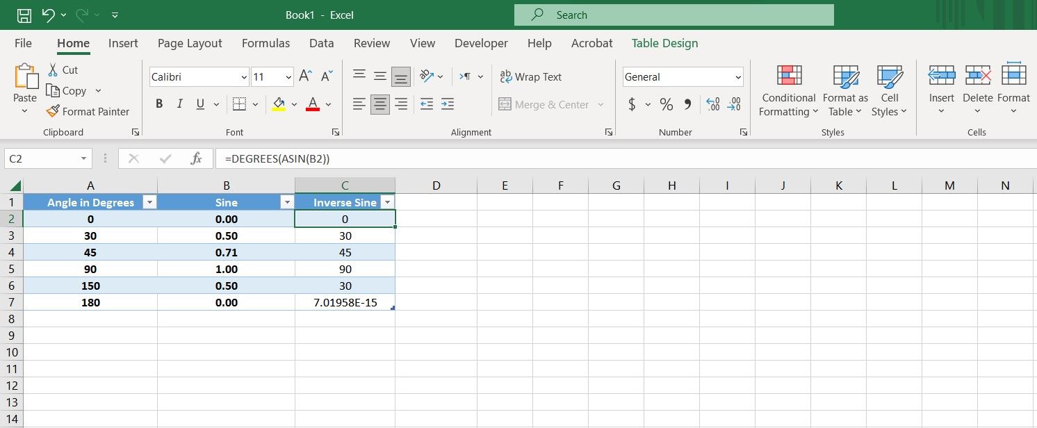 Tính sin nghịch đảo với ASIN trong Excel