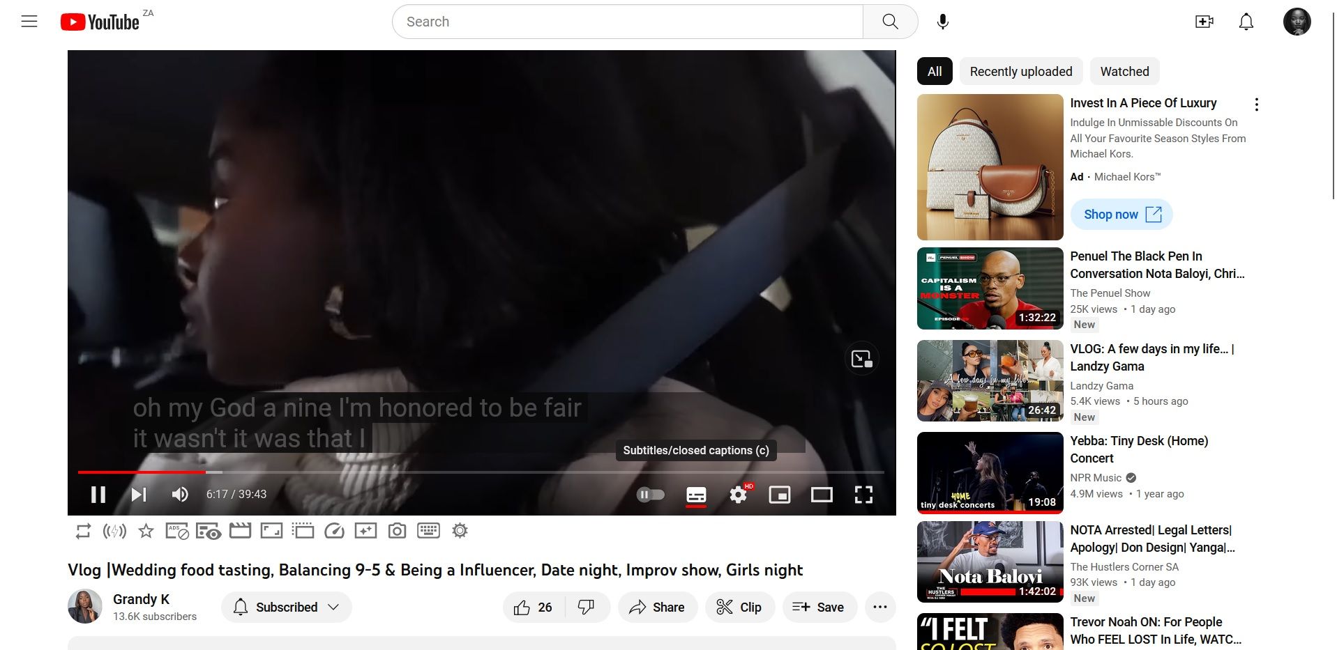 Phụ đề tự động của Youtube trên video