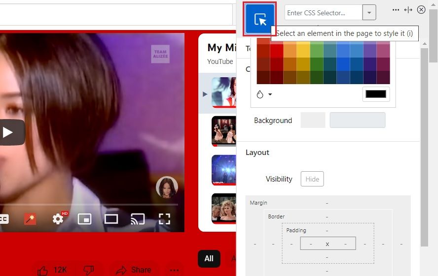 Nút Chọn một thành phần trong trang để tạo kiểu cho nó 