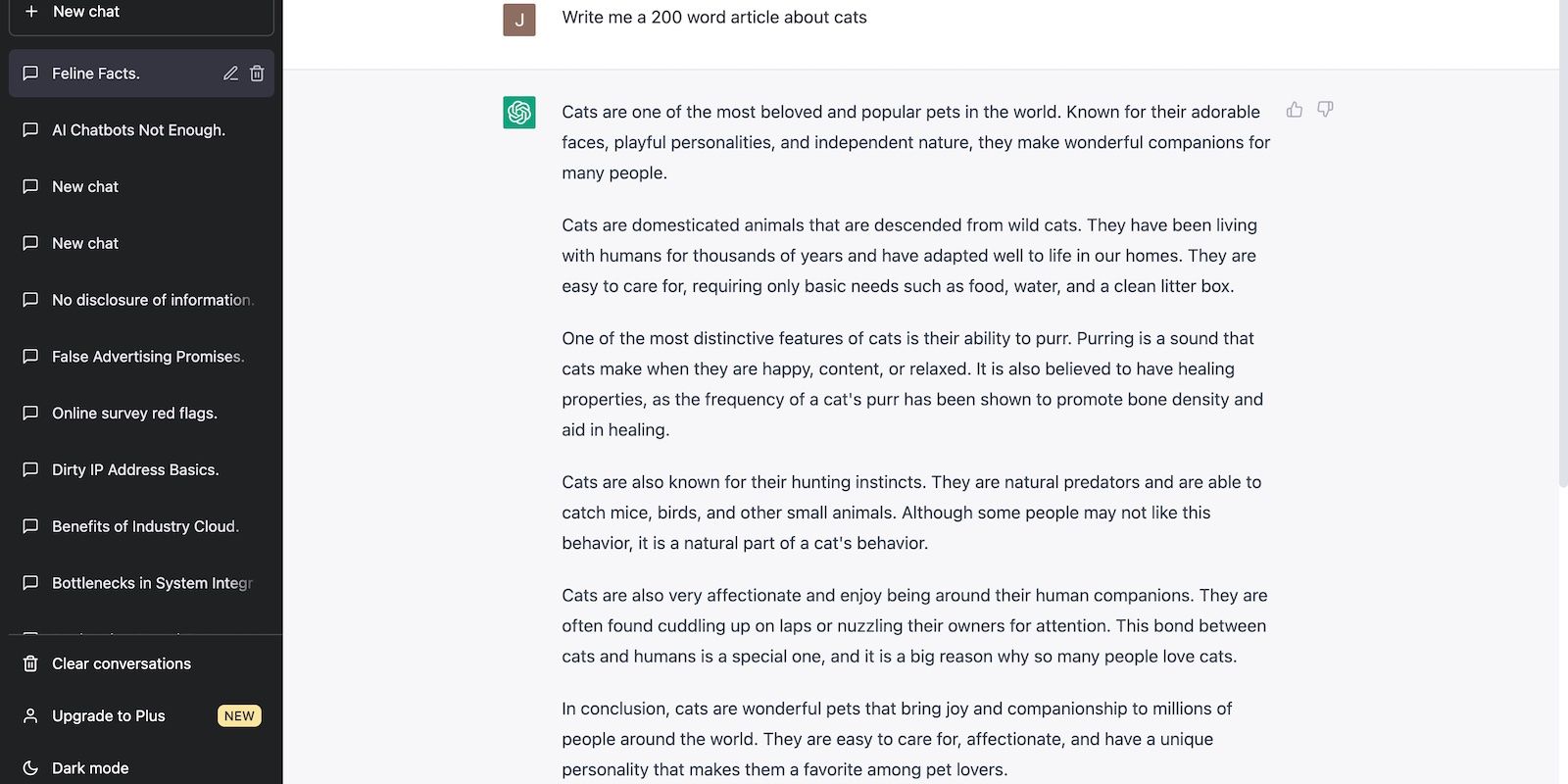 ChatGPT đã tạo một bài viết 200 từ về mèo