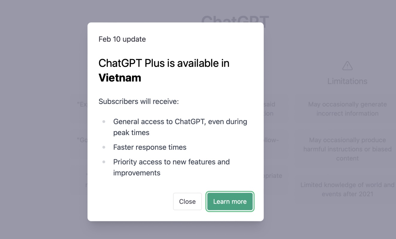 Người dùng tại Việt Nam giờ đây đã có thể đăng ký phiên bản trả phí của ChatGPT, tuy nhiên việc thanh toán sẽ còn khó khăn.