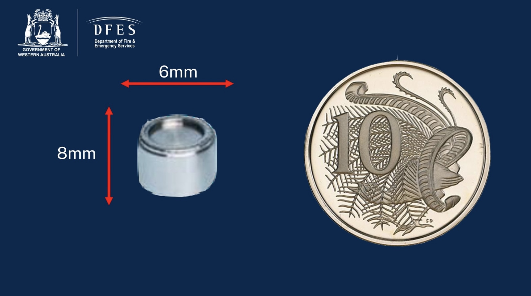 Viên nang phóng xạ bị mất tích có kích thước 6mm x 8mm. (Ảnh: Sở Cứu hỏa và dịch vụ khẩn cấp bang Tây Úc)