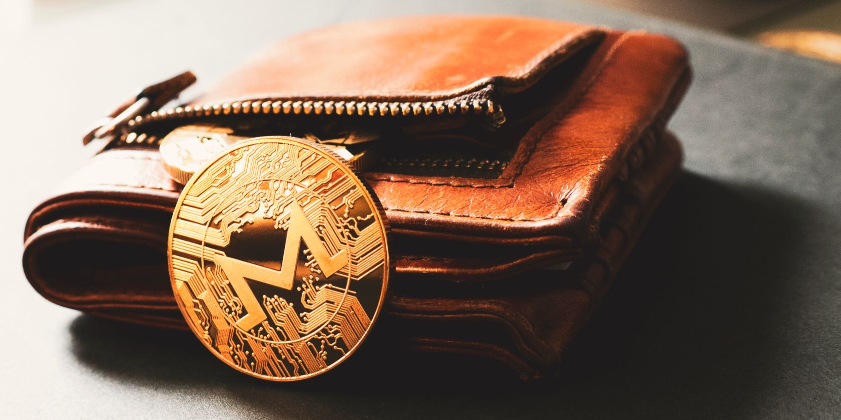 monero coin in front of leather wallet feature