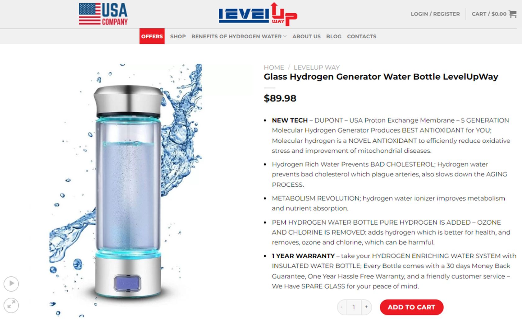 chai nước máy tạo hydro thủy tinh levelupway