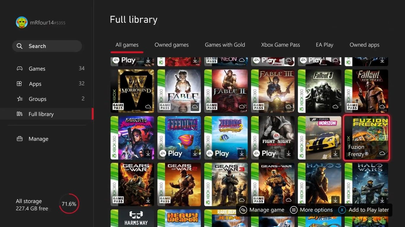 Ảnh chụp màn hình của một số tựa game Xbox và Xbox 360 gốc có sẵn trên Xbox Series X