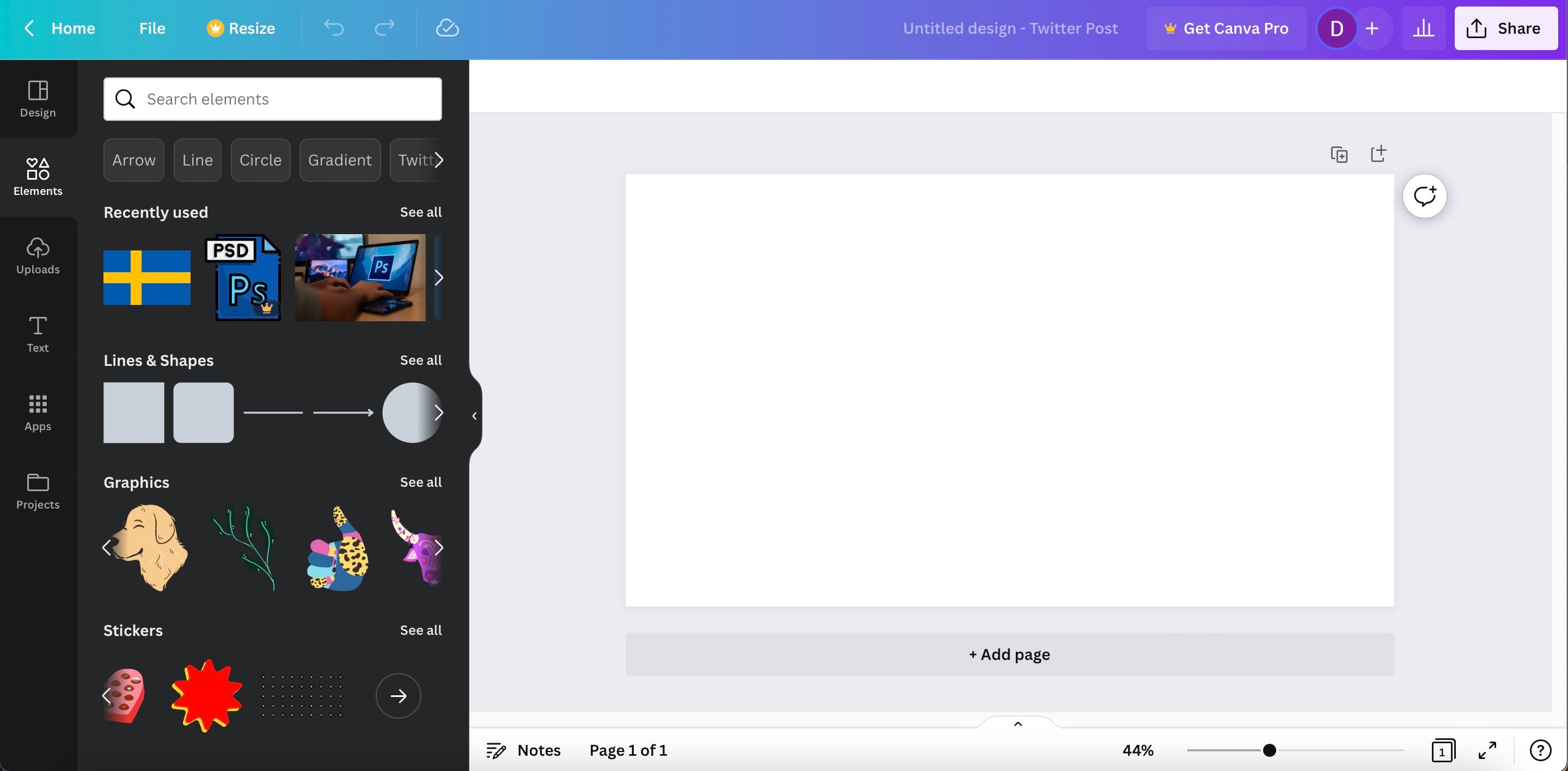 Ảnh chụp màn hình hiển thị các yếu tố và đồ họa khác nhau trong Canva