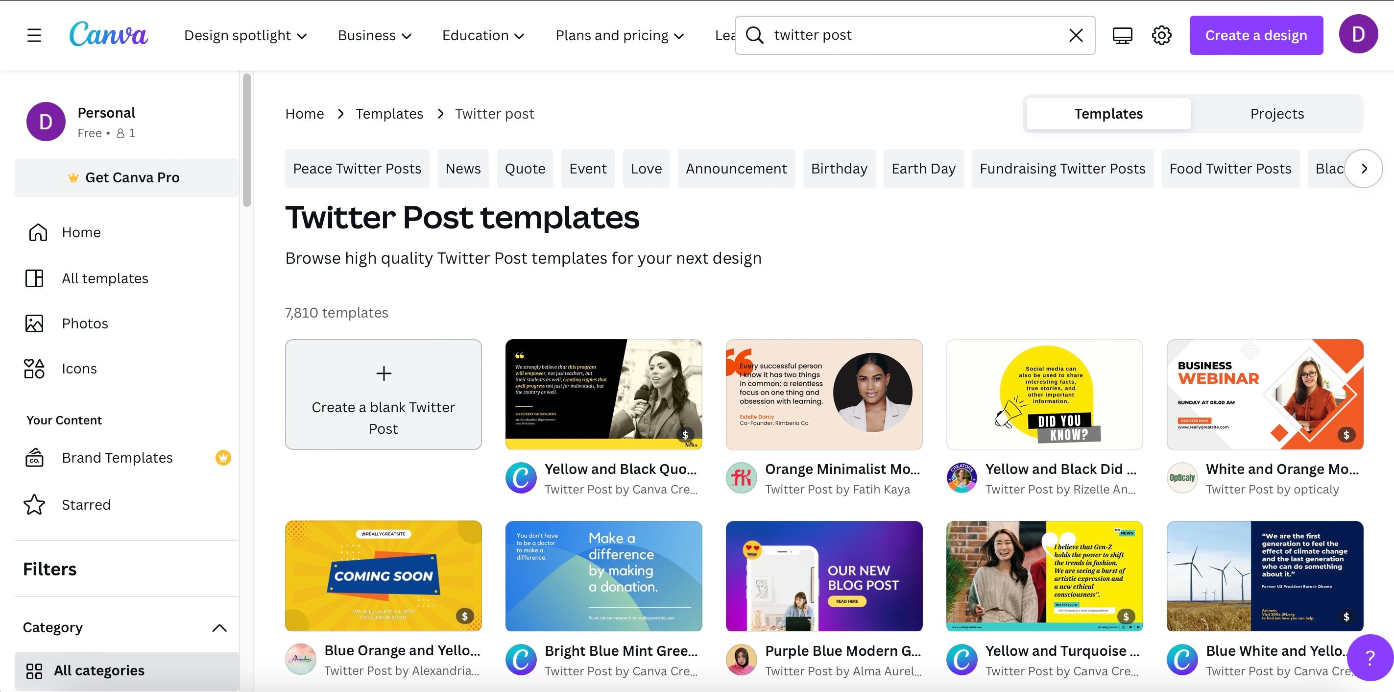 Ảnh chụp màn hình hiển thị cách chọn mẫu bài đăng Twitter trong Canva