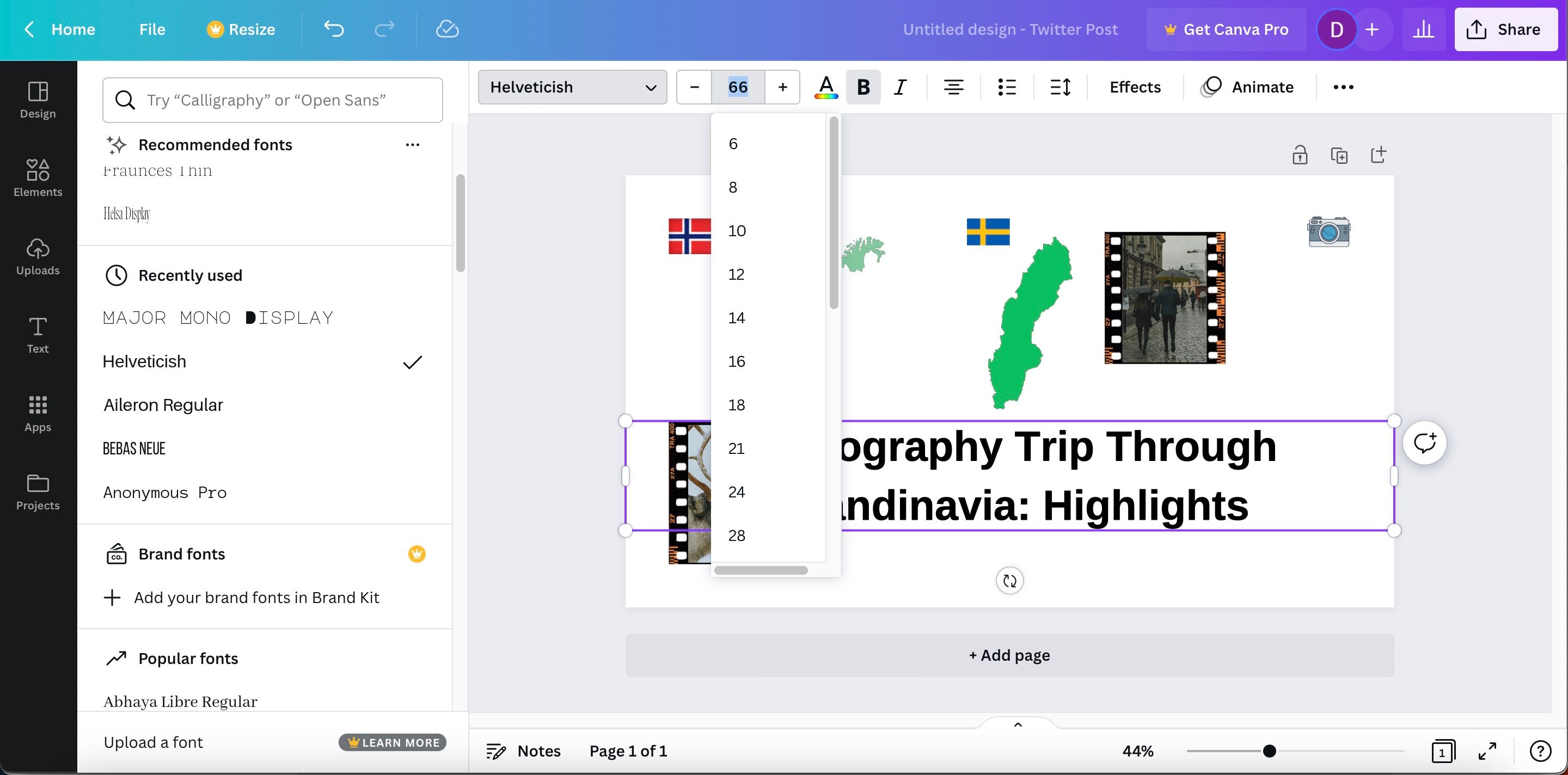 Ảnh chụp màn hình hiển thị cách thay đổi kích thước văn bản trong Canva