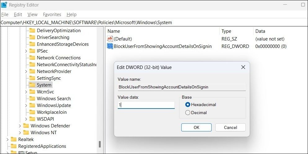 Ẩn email khỏi màn hình đăng nhập Windows bằng Registry Editor