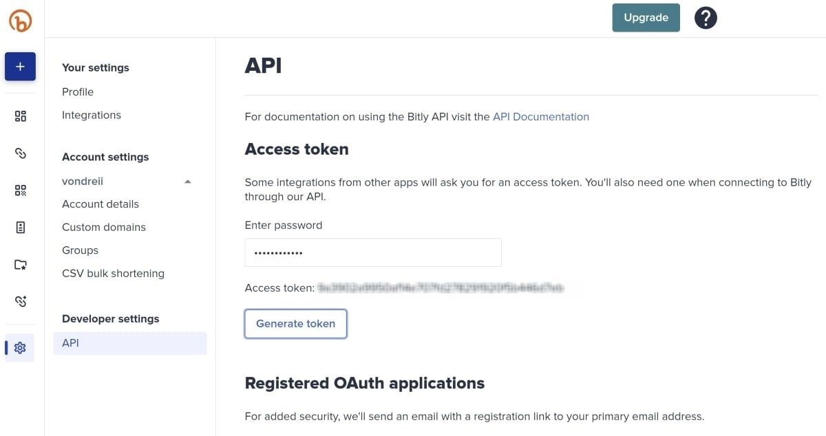 Bitly tạo trang mã thông báo truy cập mới