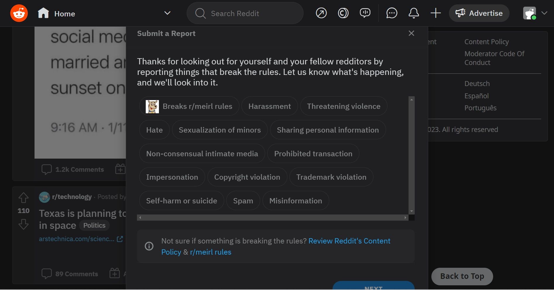 Danh sách vi phạm trên Reddit