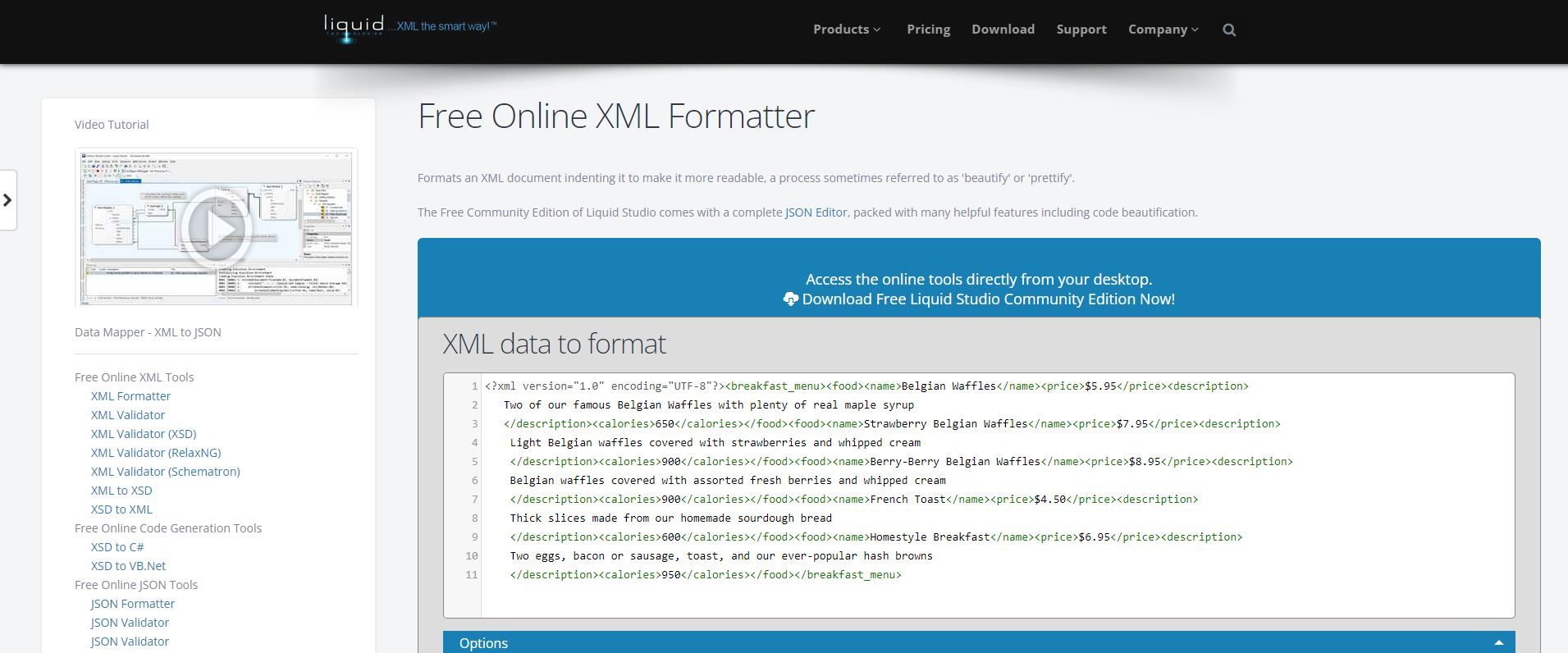 Ảnh chụp màn hình của Liquid Free Online XML Editor đang được sử dụng