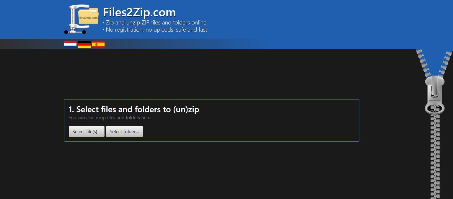 Ảnh chụp màn hình của Trang đích Files2Zip com ZIP Unzipper
