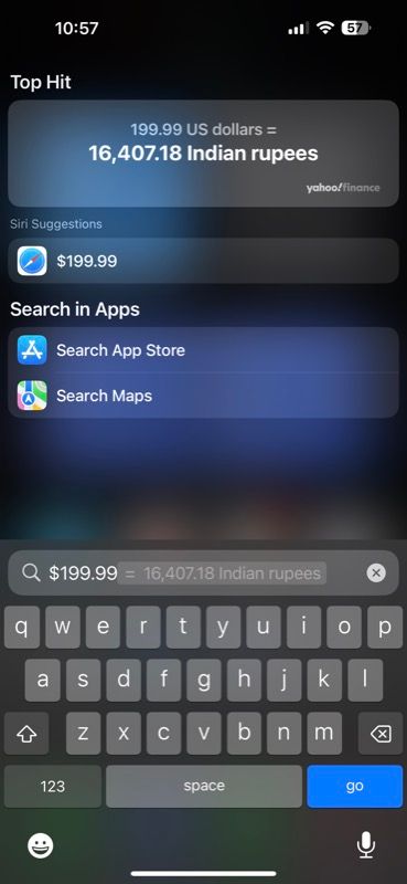 chuyển đổi một số tiền trong Spotlight Search