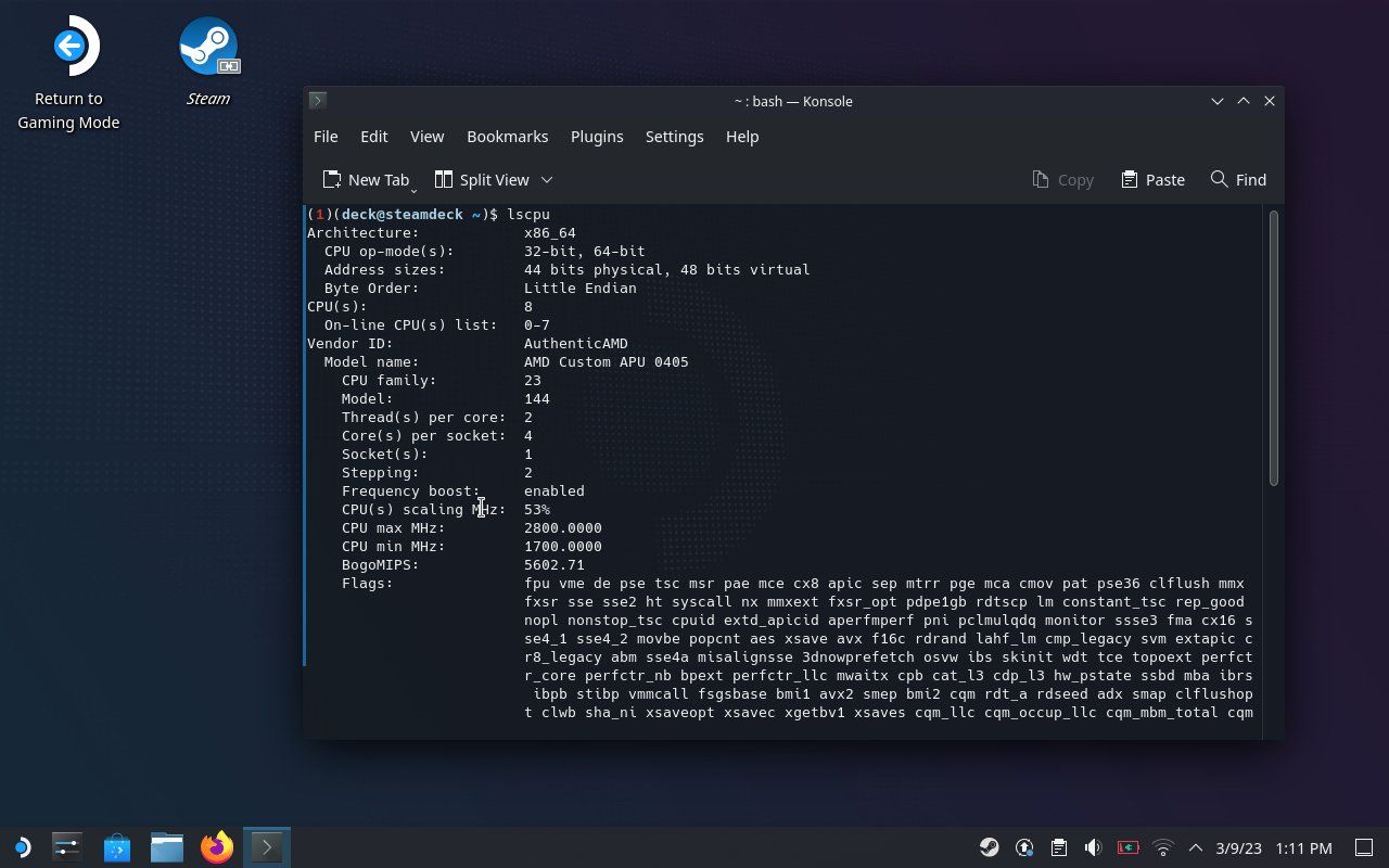 lệnh lscpu trong terminal trên SteamOS.