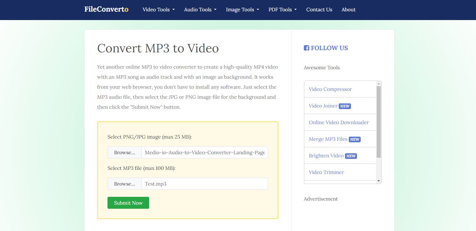 Ảnh chụp màn hình của Trang đích Trình chuyển đổi âm thanh sang video FileConverto
