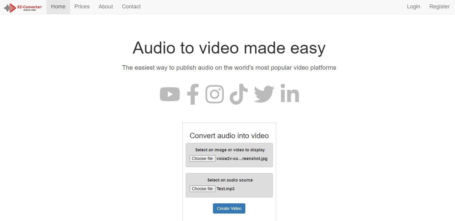 Ảnh chụp màn hình của Trang đích Trình chuyển đổi âm thanh sang video EZ Converter