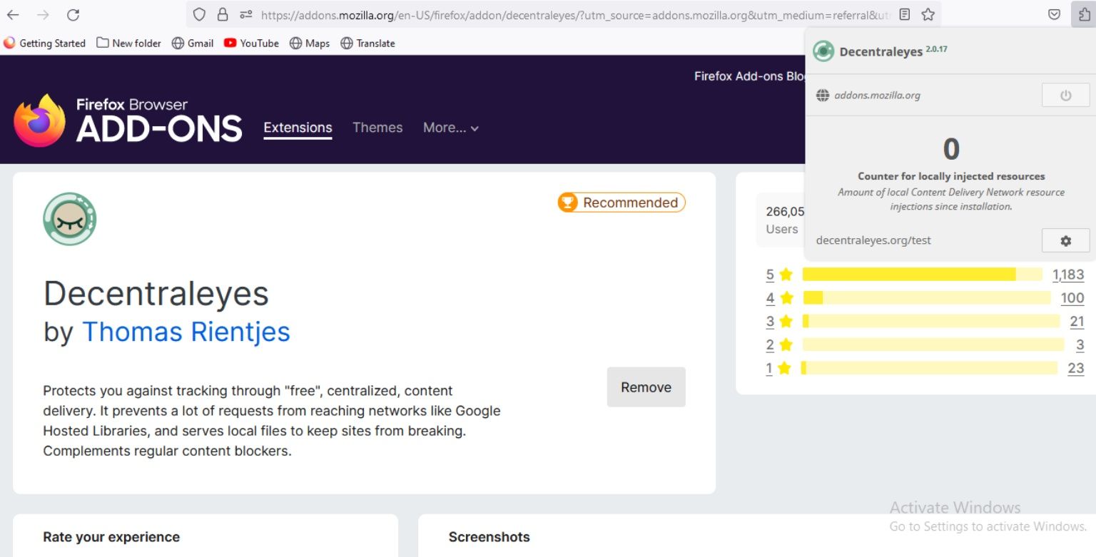 Ảnh chụp màn hình add-0n của Decentraleyes trên trang Mozilla