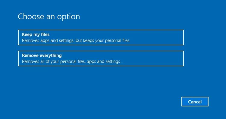 đặt lại tùy chọn windows 10 để giữ tệp