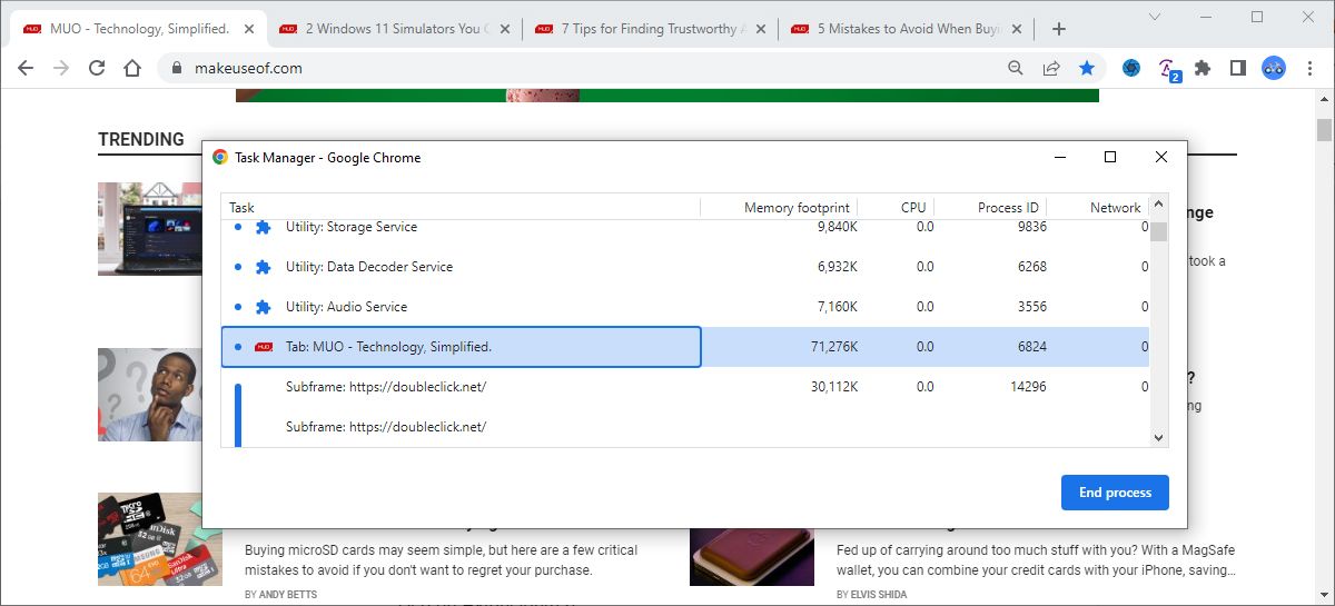 Ảnh chụp màn hình trình quản lý tác vụ Chrome