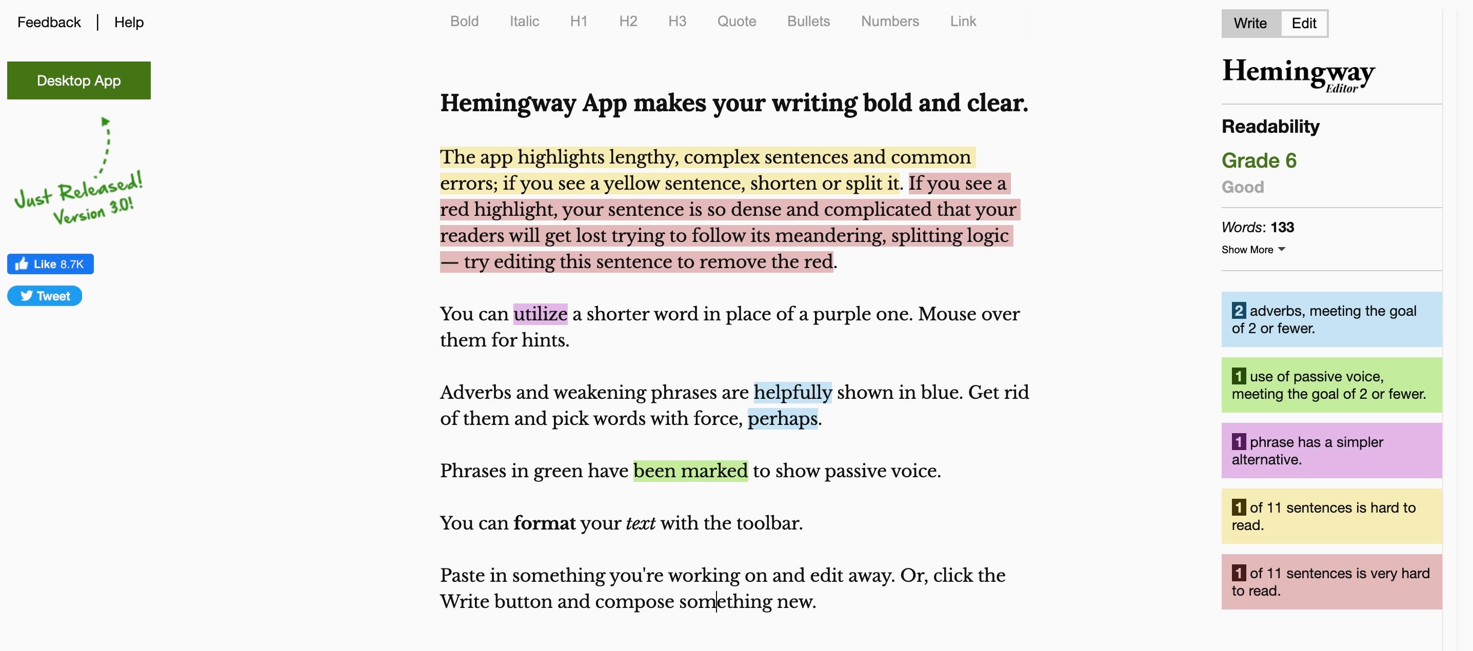 Ảnh chụp màn hình của Hemingway Editor