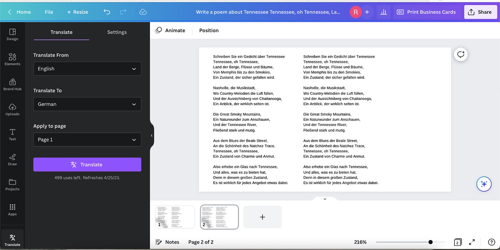 Canva Translate, một bài thơ bằng tiếng Đức.