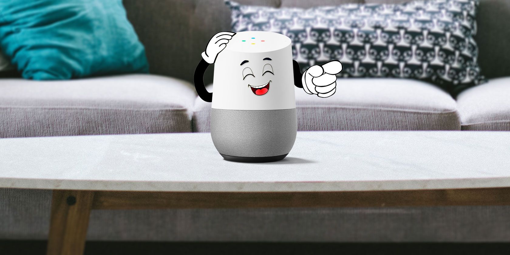 Google Home speaker with face laughing