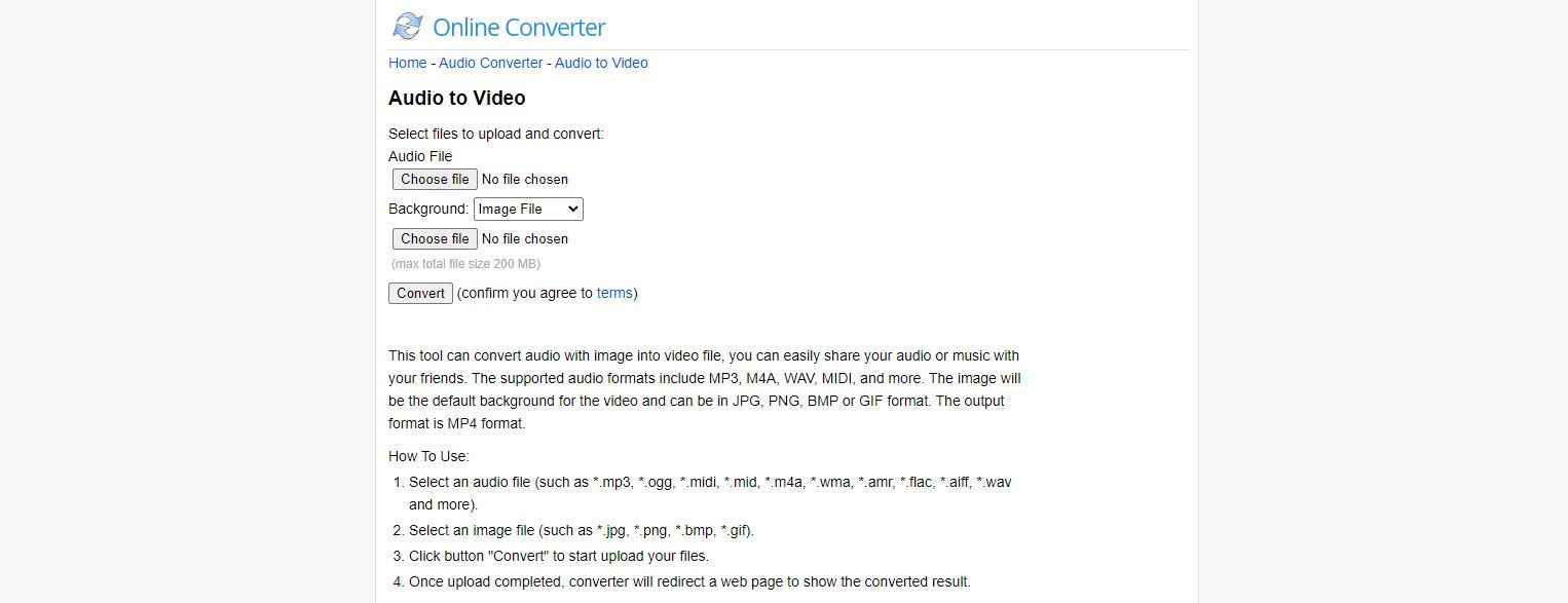 Ảnh chụp màn hình của Trang đích Trình chuyển đổi Âm thanh sang Video Trực tuyến
