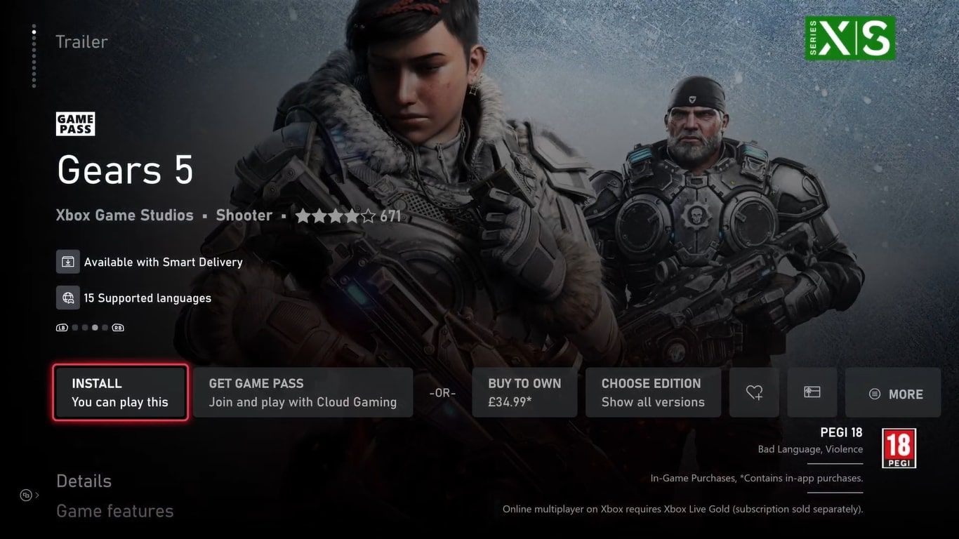 Ảnh chụp màn hình danh sách Cửa hàng Xbox cho Gears 5 trên Xbox Series X làm nổi bật thông báo Giao hàng thông minh