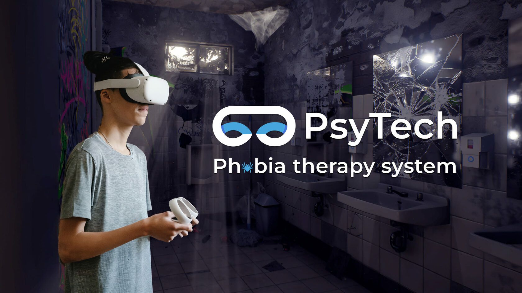 Logo PsyTech trước mặt người đeo thiết bị VR