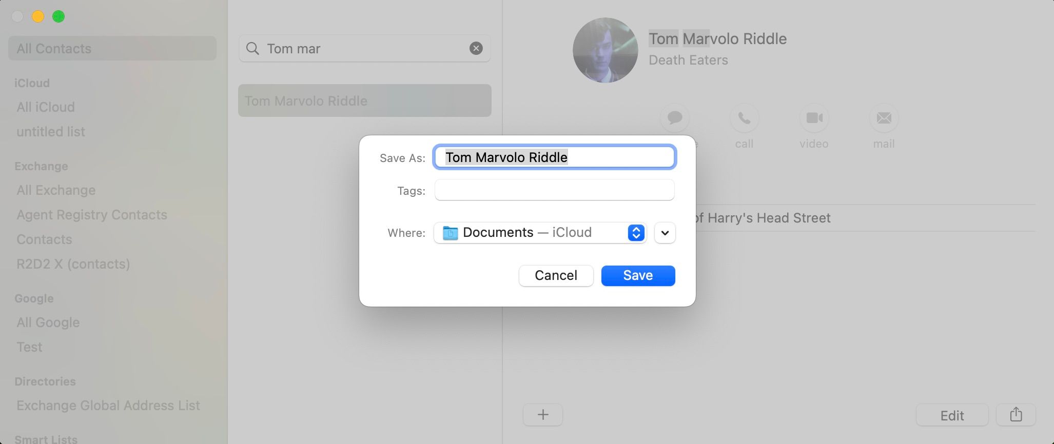 Hộp thoại xuất danh bạ cho Tom Marvolo Riddle