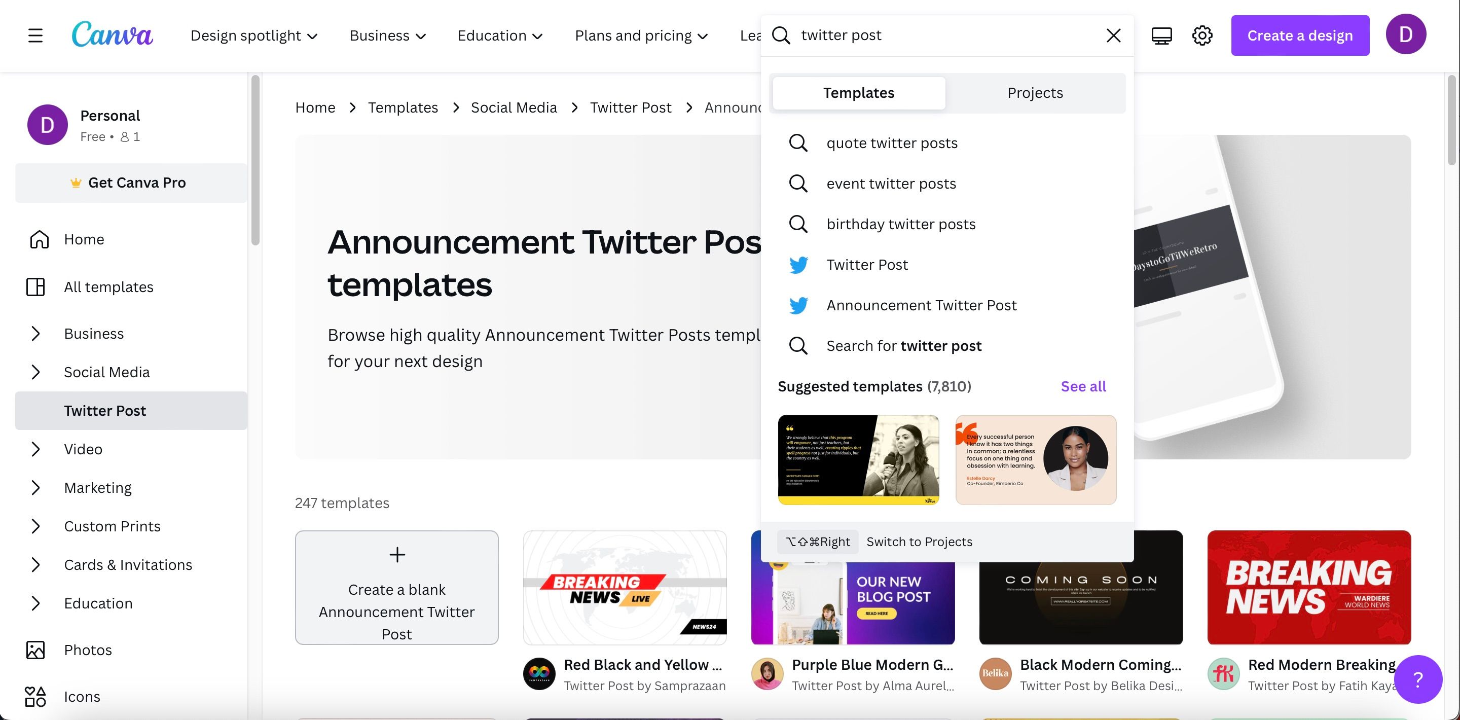 Ảnh chụp màn hình hiển thị cách tìm kiếm các bài đăng trên Twitter trong Canva