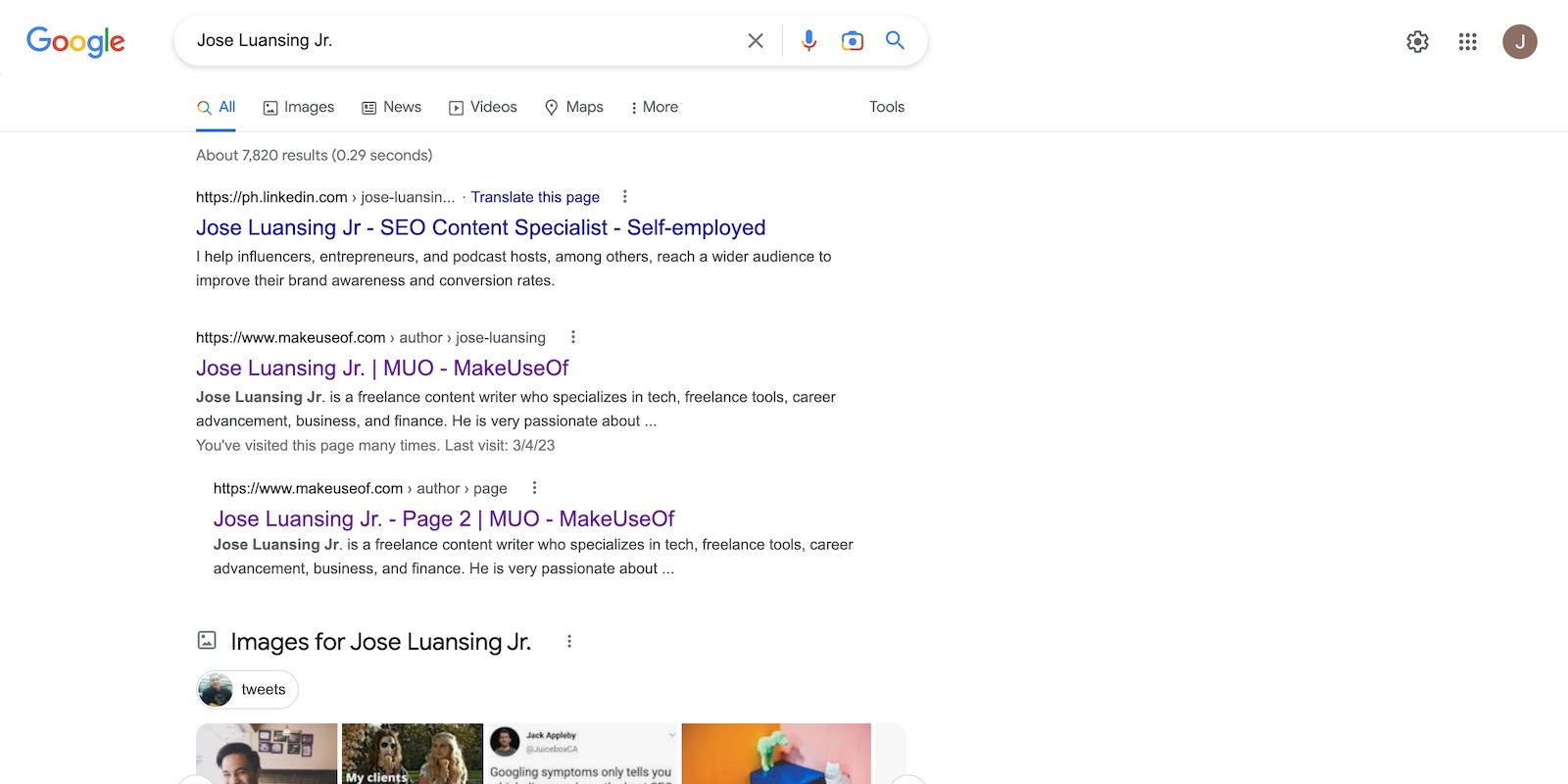 Kết quả của Google khi bạn tìm kiếm Jose Luansing Jr.