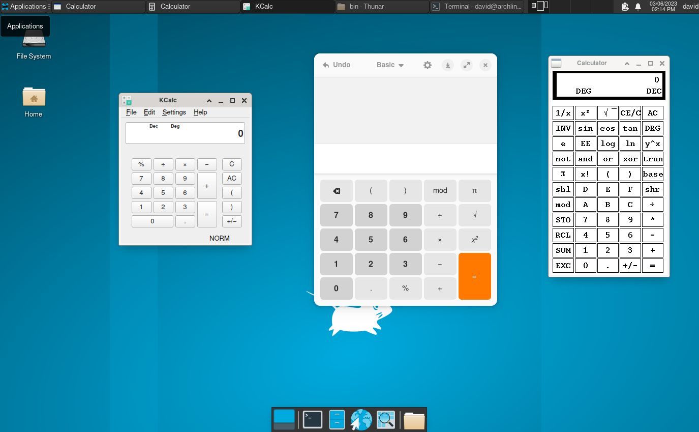 máy tính xcalc, kcalc và GNOME trên máy tính để bàn XFCE