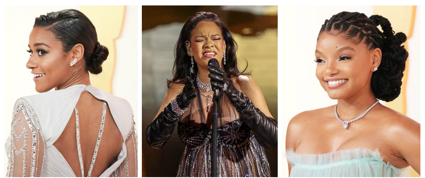 Từ trái sang phải: Ariana Debose, Rihanna và Halle Bailey trong trang phục của De Beers Jewellers
