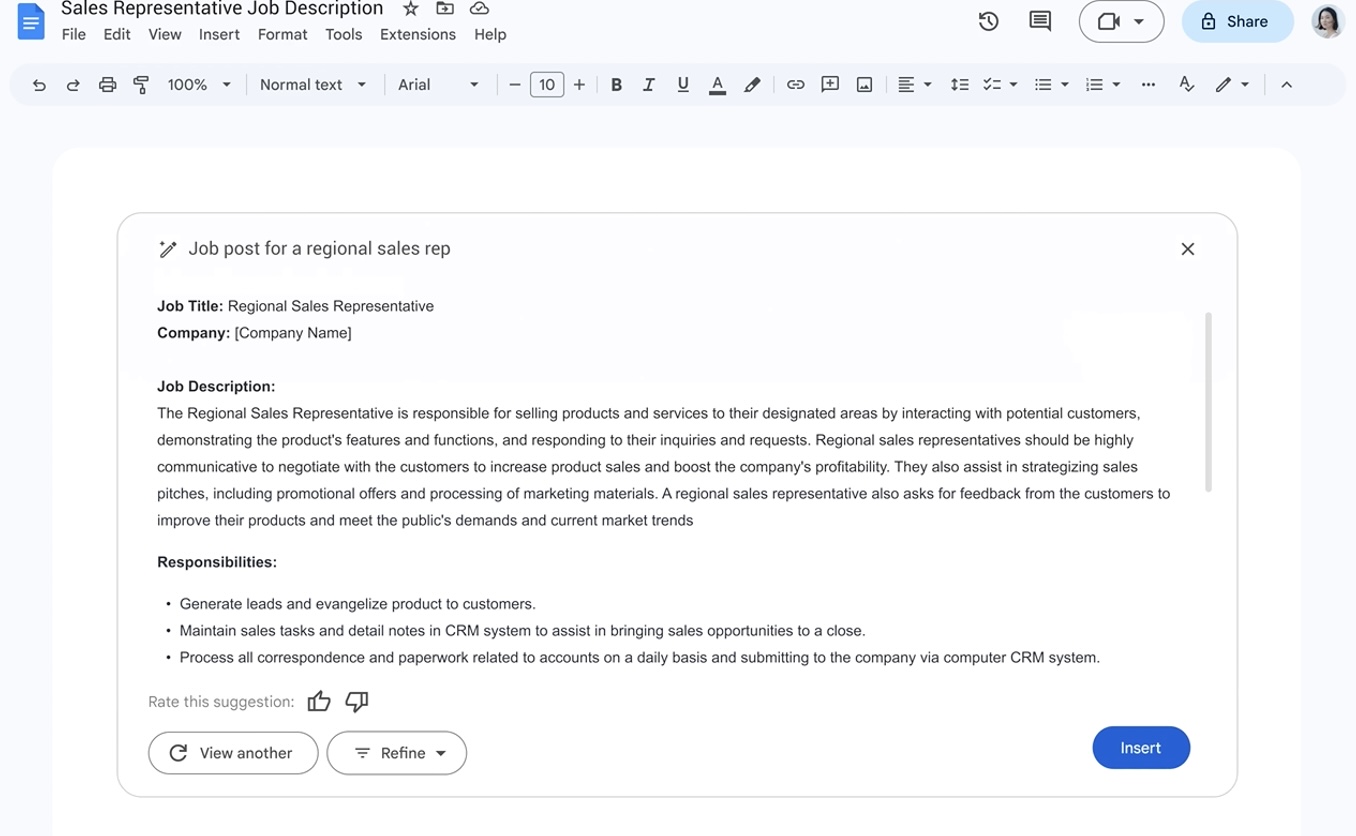 generative AI trong Google Docs giúp viết mô tả công việc