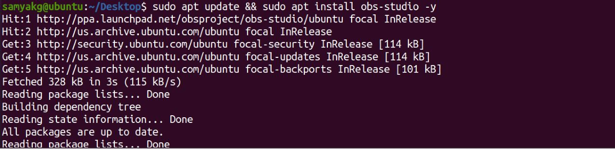 Cài đặt OBS trên Ubuntu bằng lệnh sudo apt install obs-studio