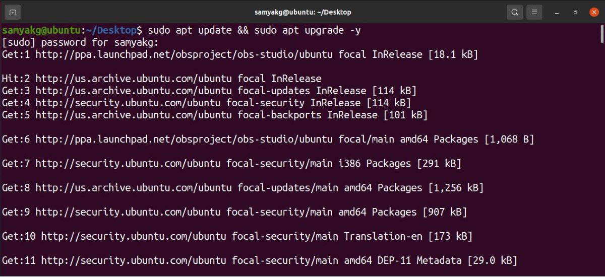 Sử dụng lệnh sudo apt update && apt upgrade trong Ubuntu