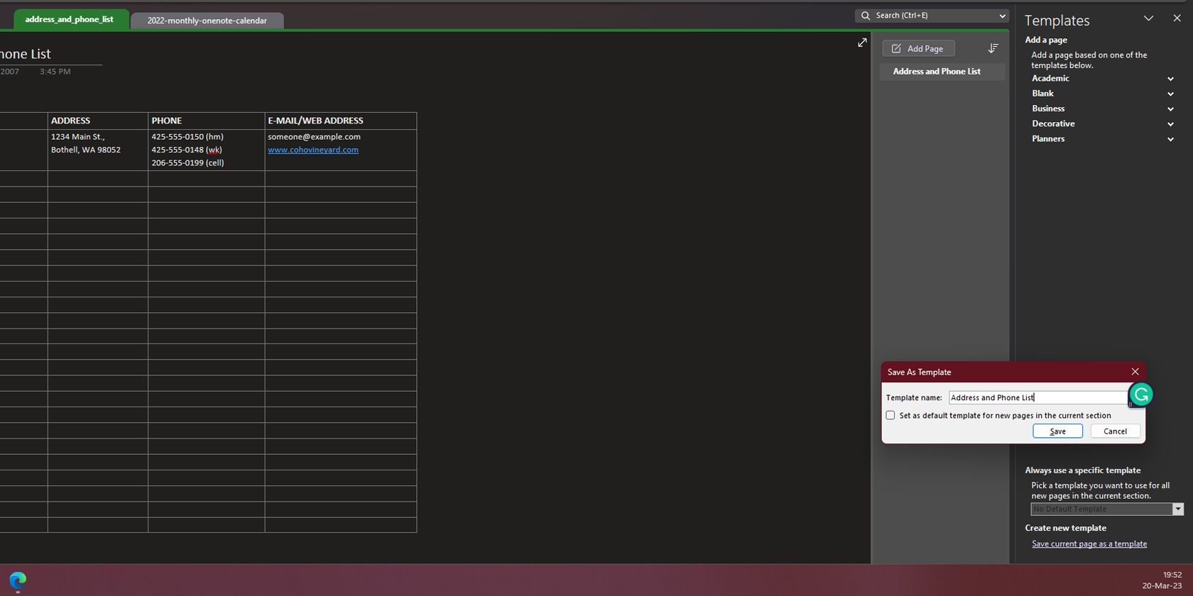 lưu dưới dạng mẫu trong onenote