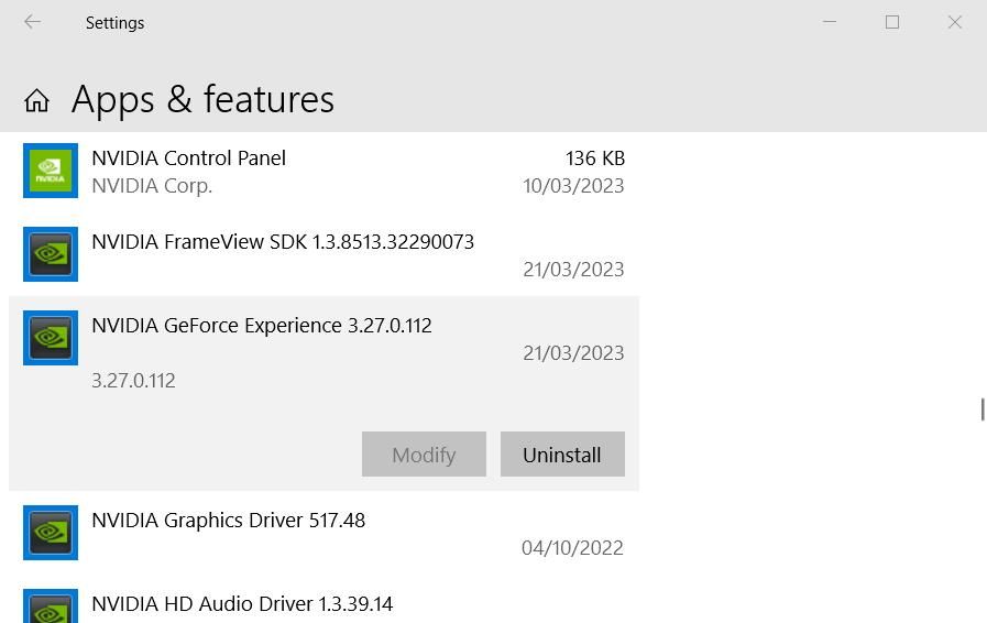 Tùy chọn Gỡ cài đặt cho Trải nghiệm NVIDIA GeForce