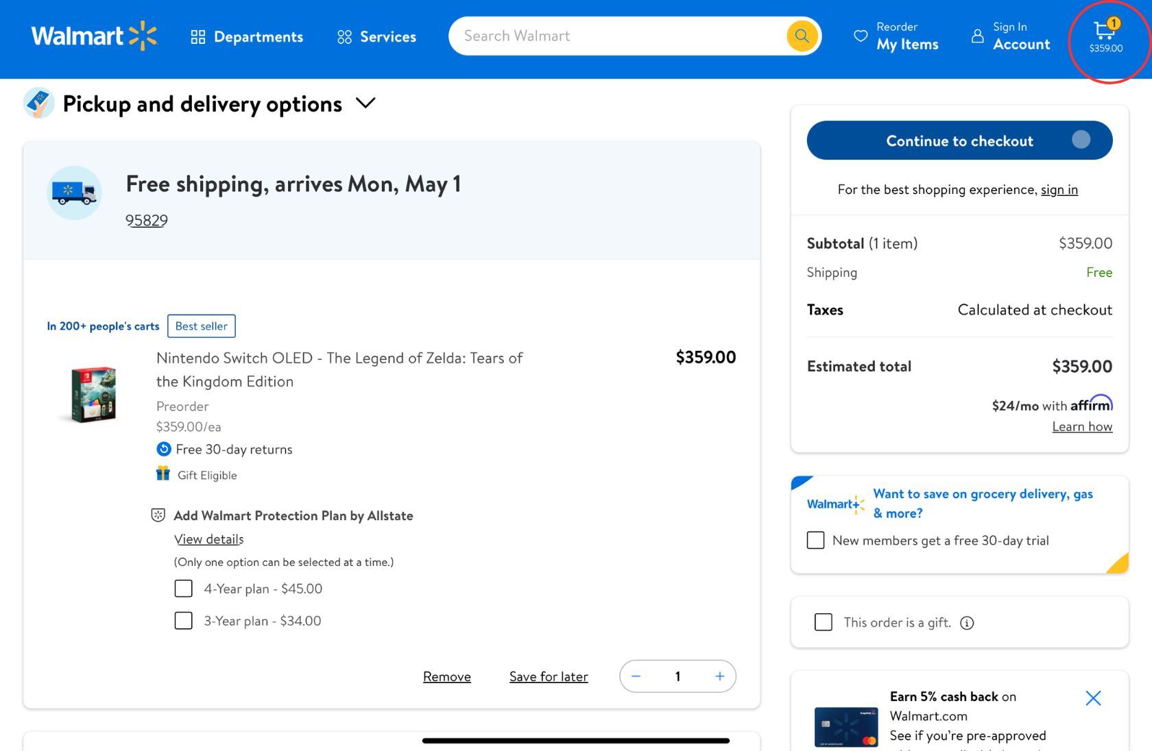 Biểu tượng Giỏ hàng ở Góc trên Bên phải Trang web Walmart