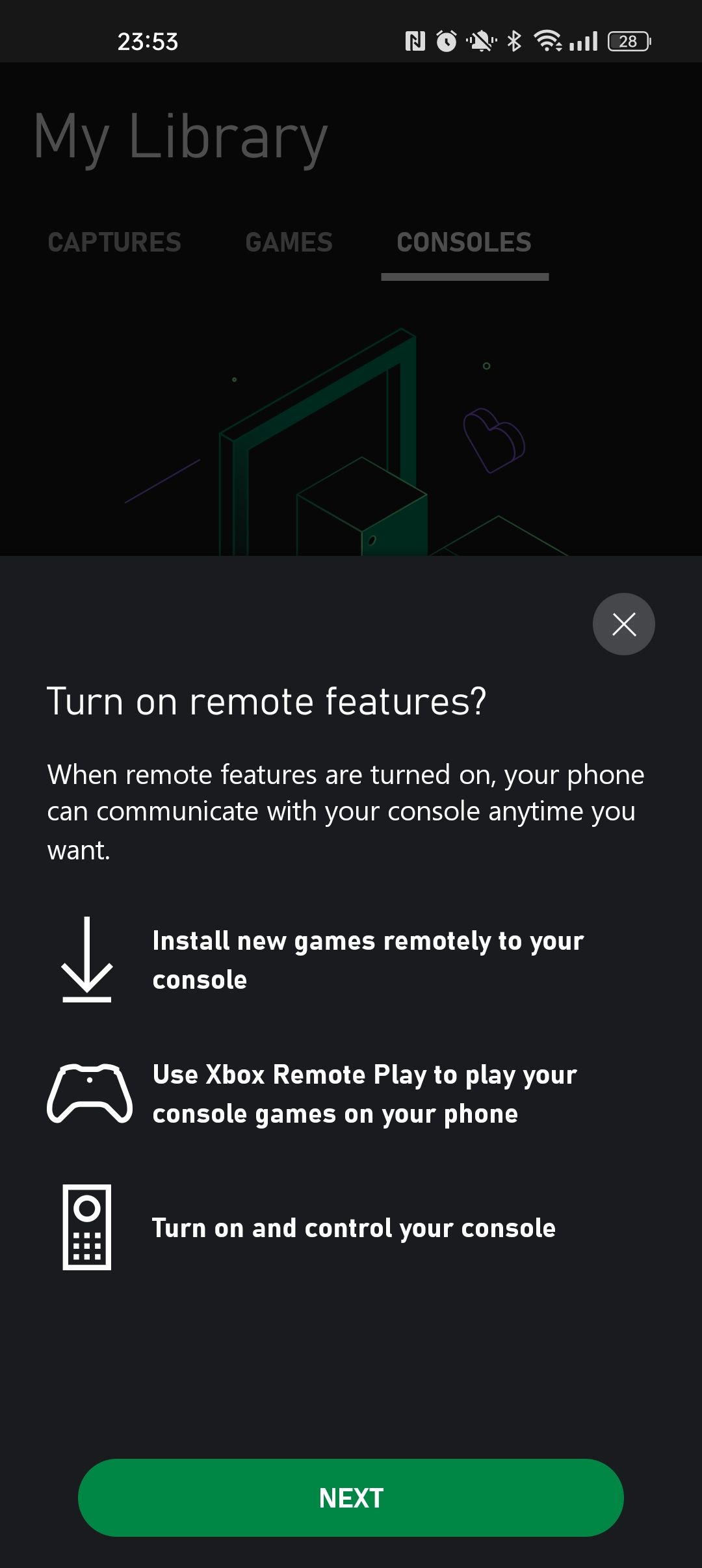 Ảnh chụp màn hình di động của lời nhắc Tính năng từ xa trên Ứng dụng Xbox dành cho Android