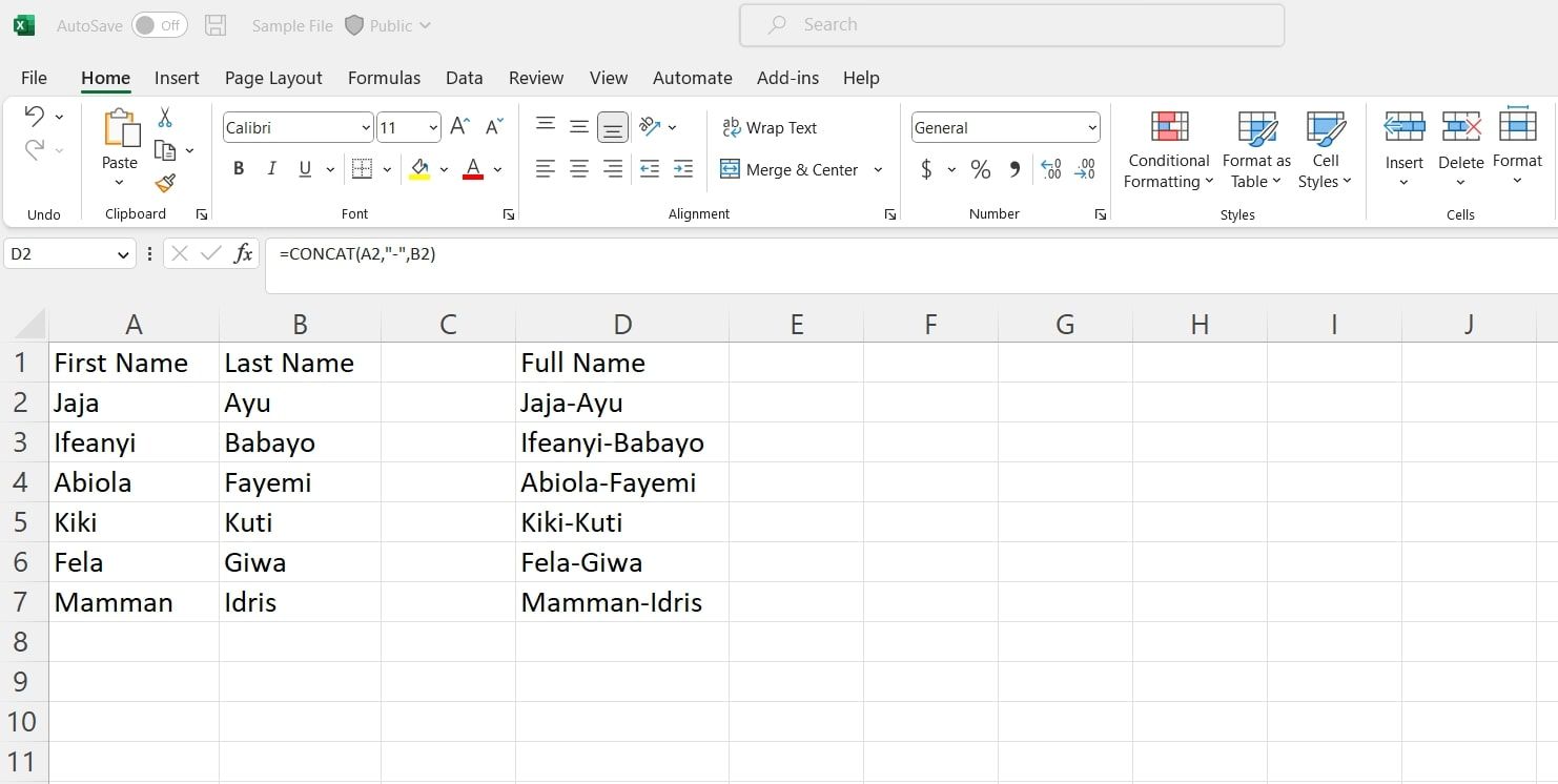 Một bảng tính hiển thị hàm CONCAT trong Excel đang được sử dụng