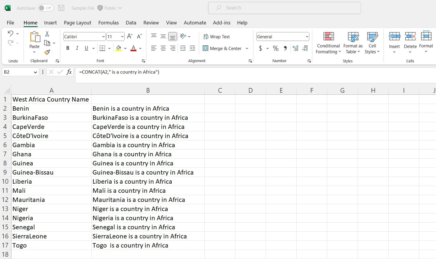 Một bảng tính hiển thị hàm CONCAT trong Excel đang được sử dụng