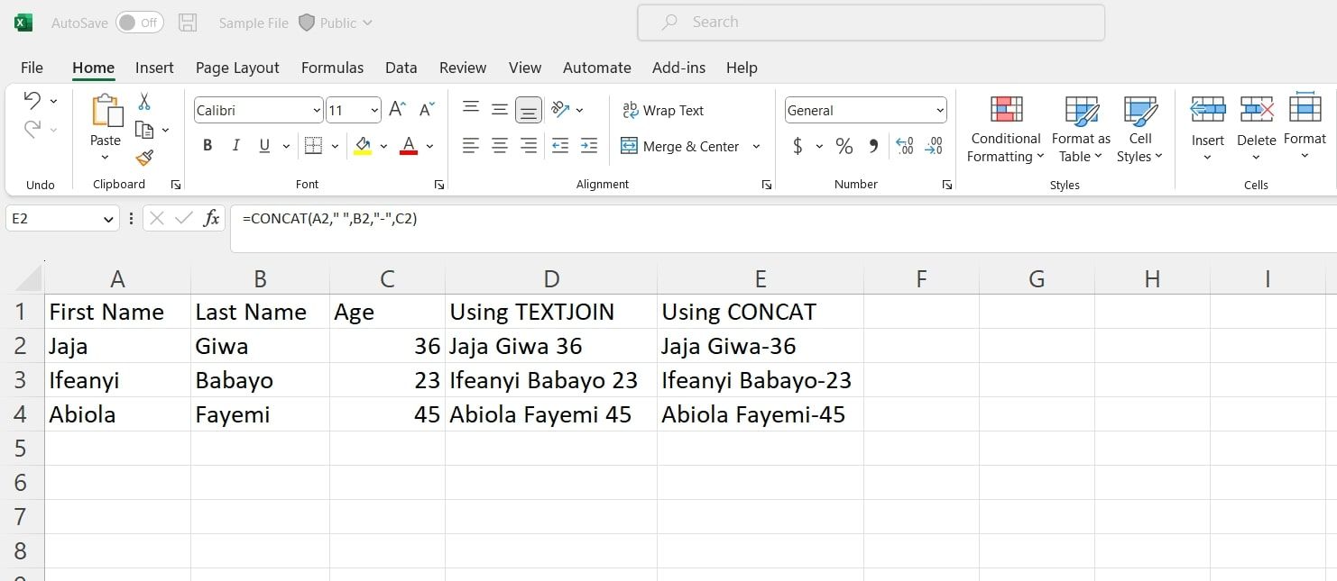 Một bảng tính hiển thị CONCAT và TEXTJOIN đang được sử dụng 